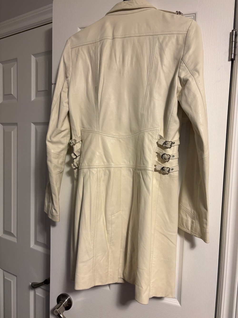 HUGO Cream Leather Longline Coat with Snap Front - Picture 6 of 8
